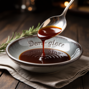 a spoonful of beautiful brown demi-glace sauce drizzling into a bowl of beautiful demi-glace sauce