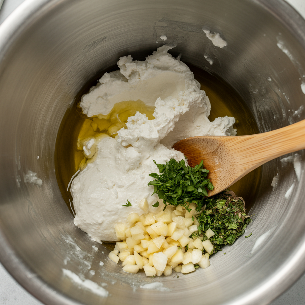 photo of chevre goat cheese being mixed with chopped herbs and chopped garlic with a wooden spoon in a stainless steel bowl