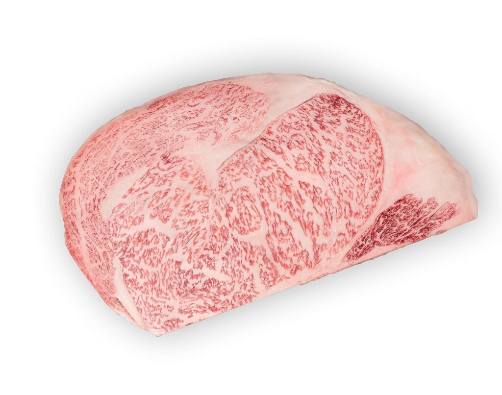 photo of a highly marbled Japanese ribeye steak from Miyazaki, Japan