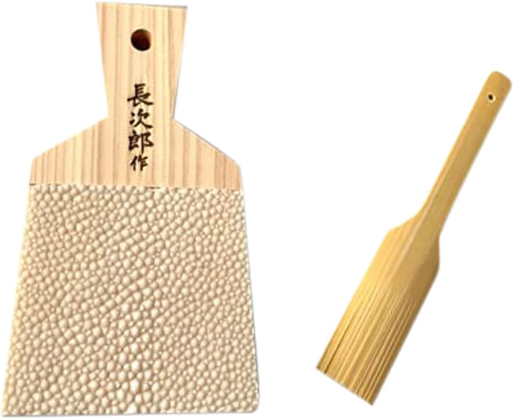 photo of a shark skin grater and brush used for grating fresh wasabi root