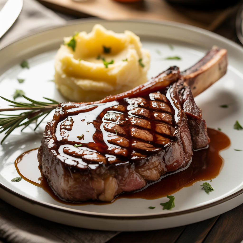 photo of a grilled steak with demi-glace sauce on a plate with mashed potatoes and a sprig of rosemary in the background