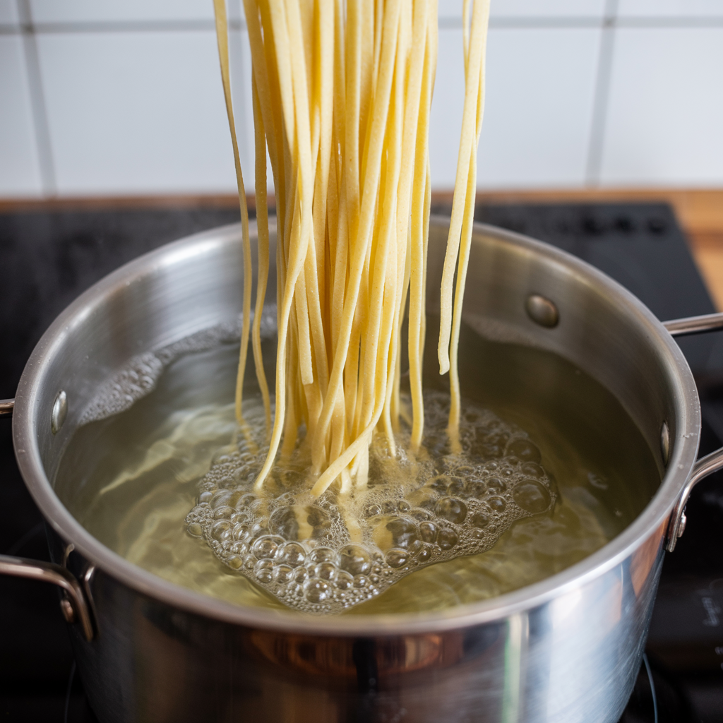photo of freshly made pasta being lowered into a stock pot full of boiling water