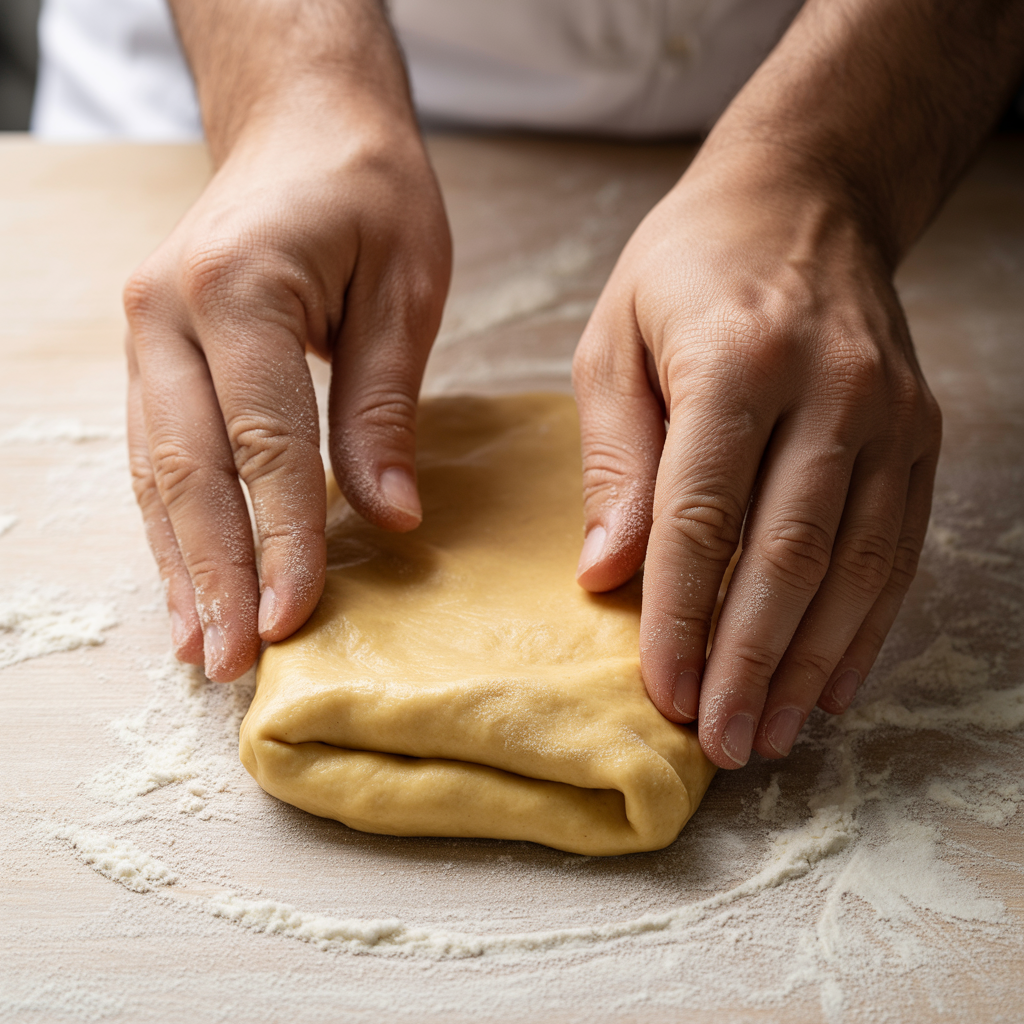 photo of hands folding pasta into the size that will fit into a hand-cranked pasta machine, on a floured work surface