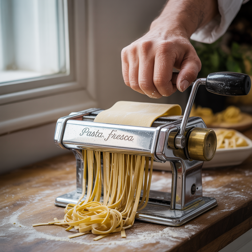 photo of a hand cranking a sheet of pasta dough through the cutter on a hand-crank pasta machine, making fettucine