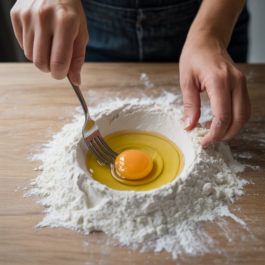 photo of hands using a fork to mix an egg into a mounded cup of flour formed on a work surface with a well in the middle of the mound of flour