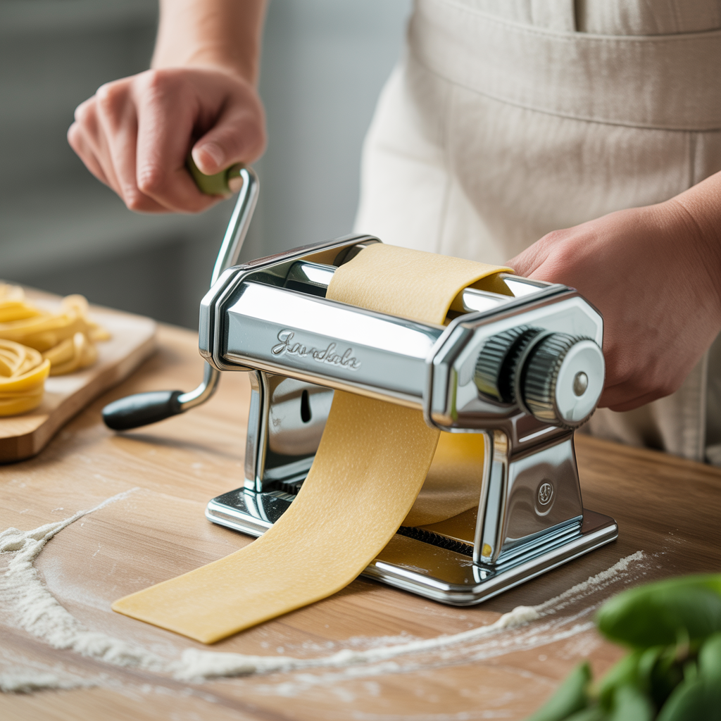 photo of hands cranking a sheet of pasta dough through a hand-crank pasta machine, on a floured work surface