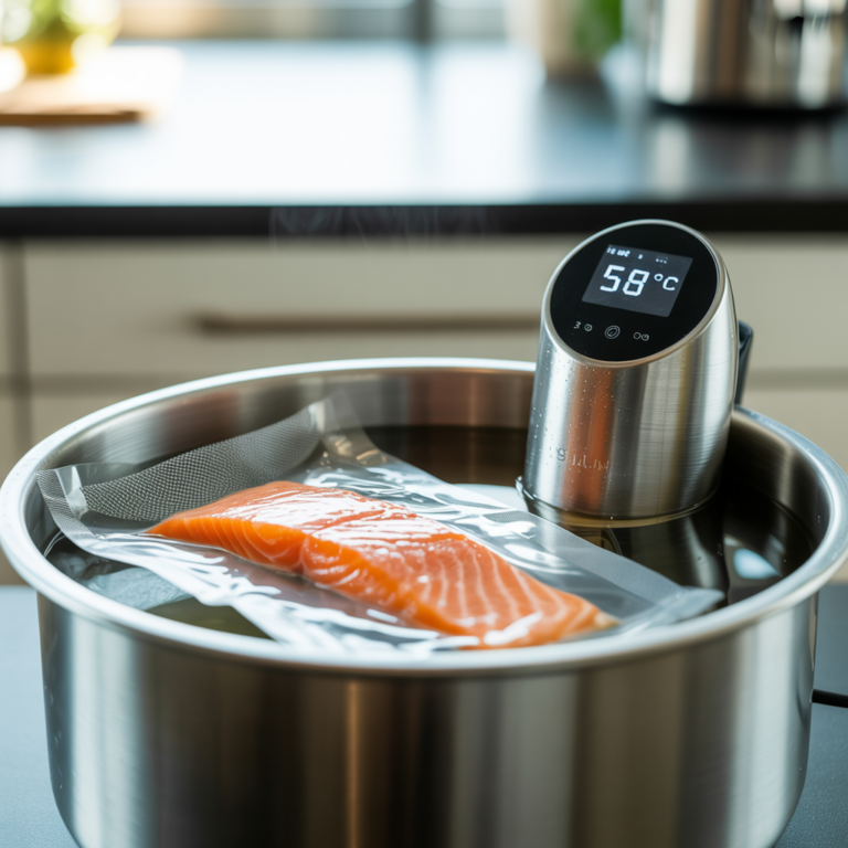 a pot full of water and a partially submerged immersion circulator cooking salmon in a vacuum sealed bag sous vide style