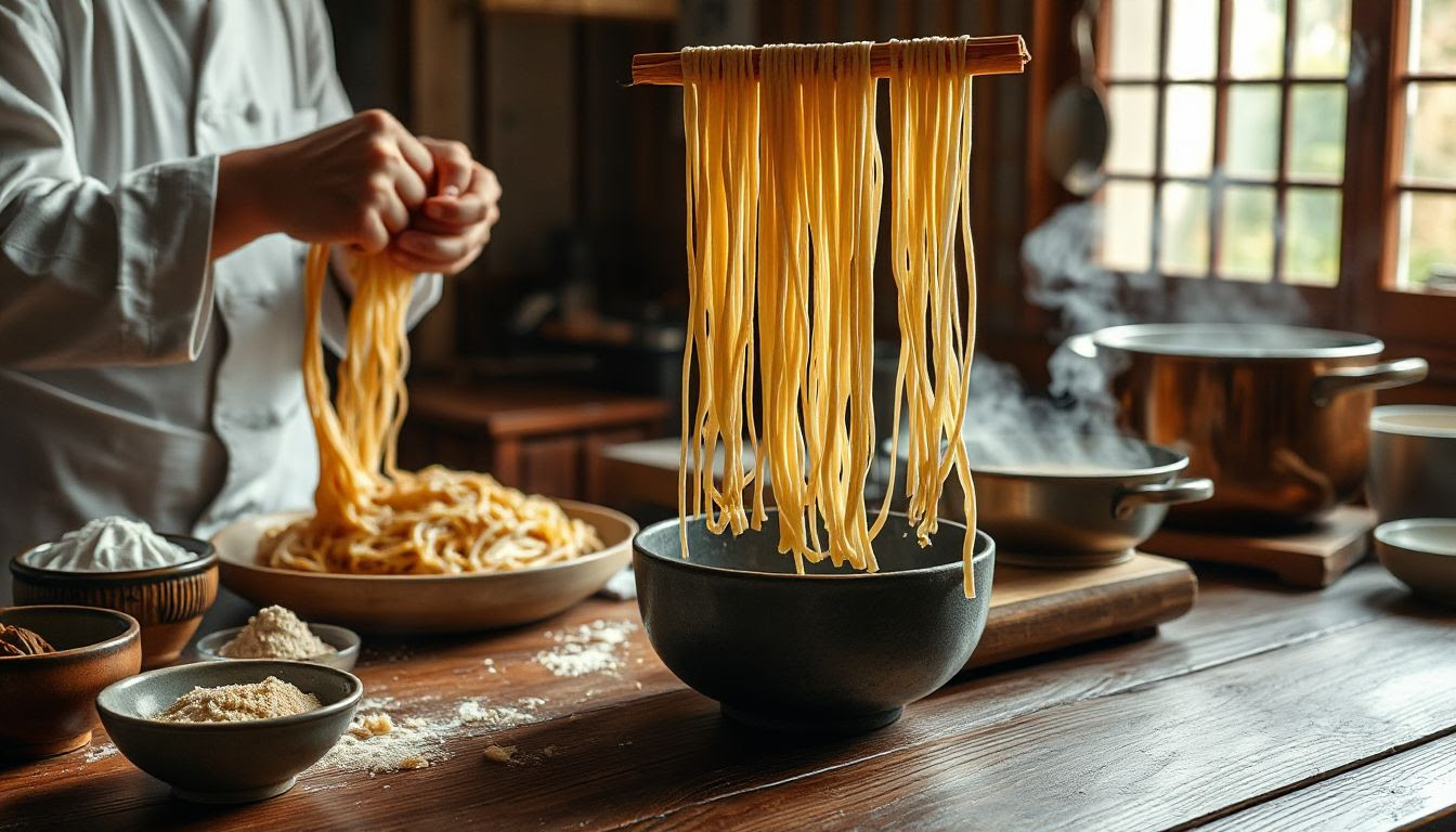 photo of ramen noodles being made