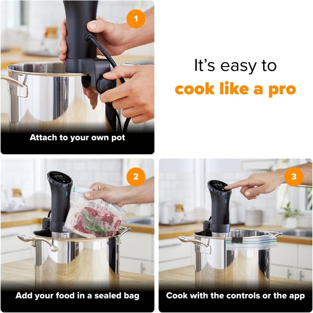 a four panel advertisement for the Anova brand sous vide cooking device in a pot