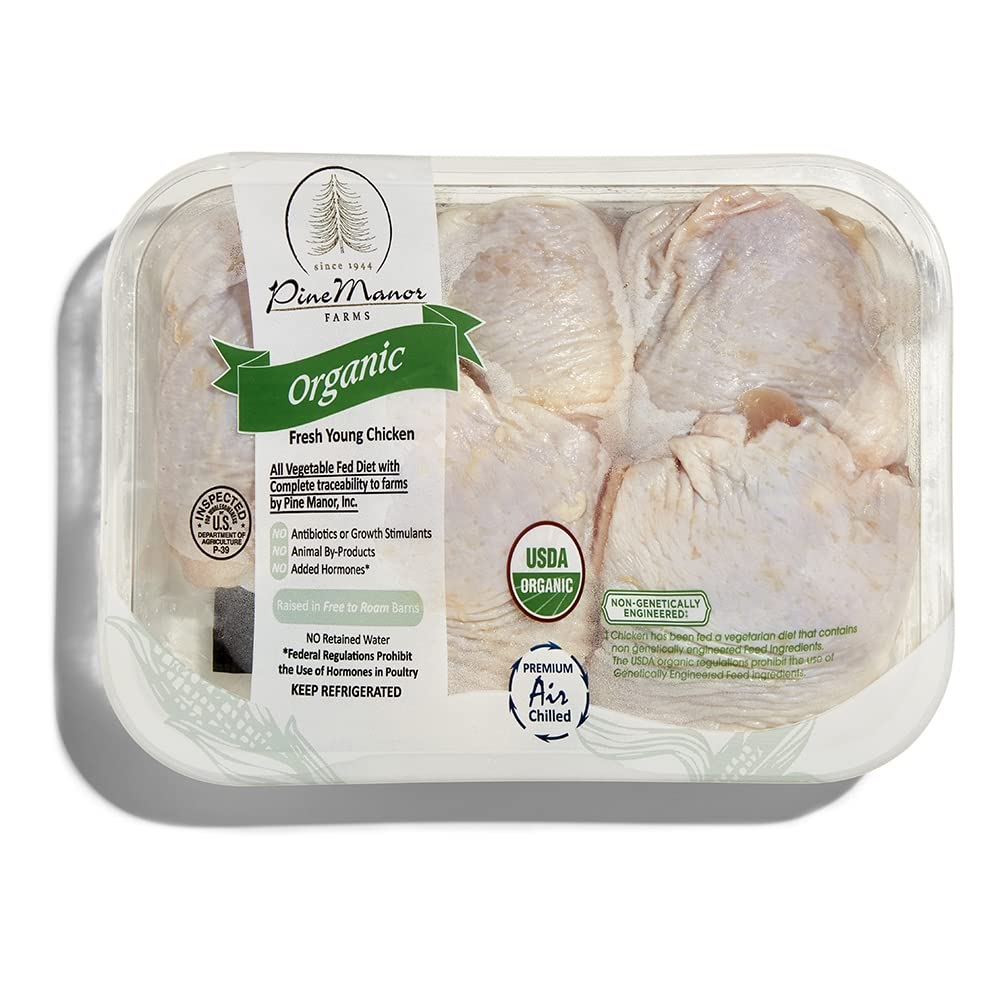 Pine Manor brand skin-on, bone-in chicken thighs in a package