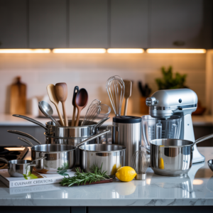 photo of many types of cooking tools and appliances neatly arranged on a large kitchen counter