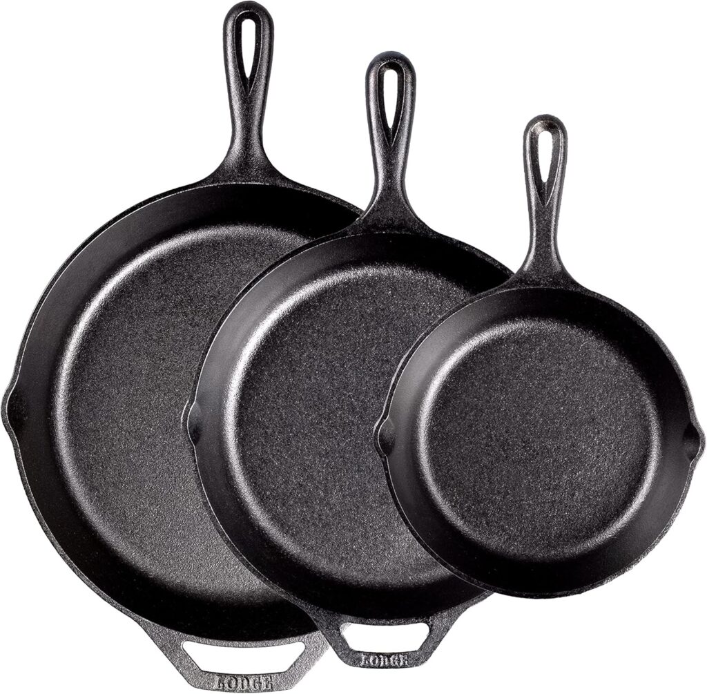 set of three cast iron skillets
