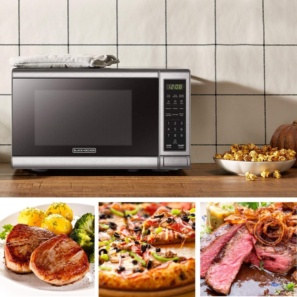 composite photos of microwave oven with three dishes of cooked food