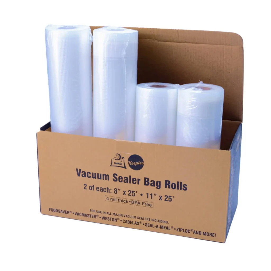 OutOfAir brand vacuum sealing bags in rolls of different sizes, in a cardboard box