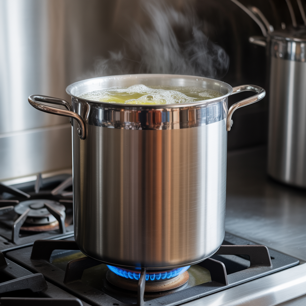stainless steel stockpot bubbling and steaming over a flame on a stove