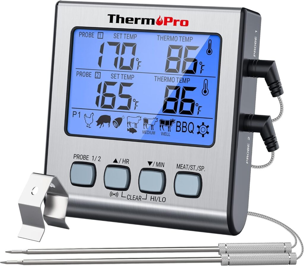 Grilling and smoking thermometer with two probes