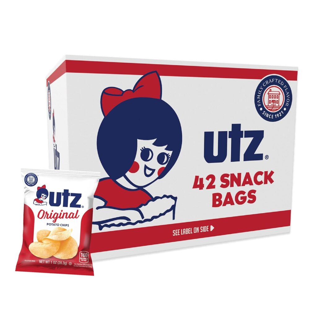box of 42 bags of Utz potato chips and a single bag