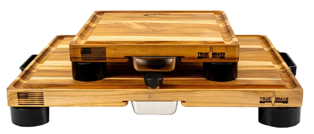 Two sizes of The TrueBoard brand wooden cutting boards with feet