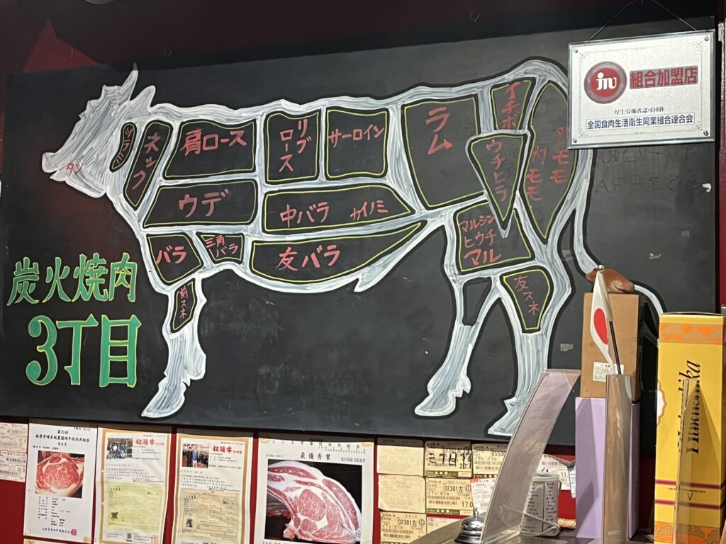 a map of the cuts of a cow with Japanese language labels in the Sumibi-Yakiniku Niku-bal-sanchome Yakiniku restaurant in Osaka Japan