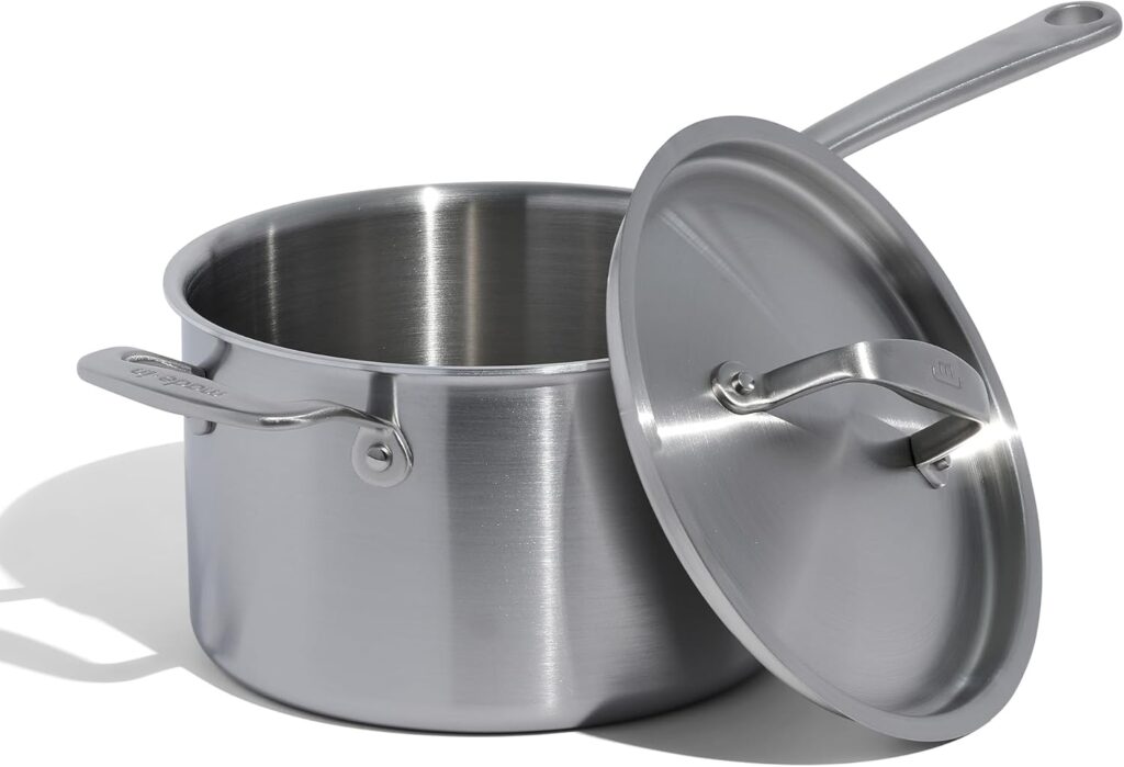 A Made In brand sauce pan with lid