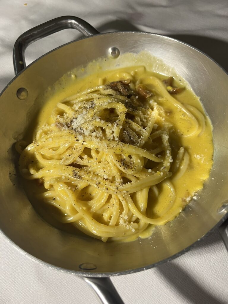 Pasta Carbonara in a metal dish