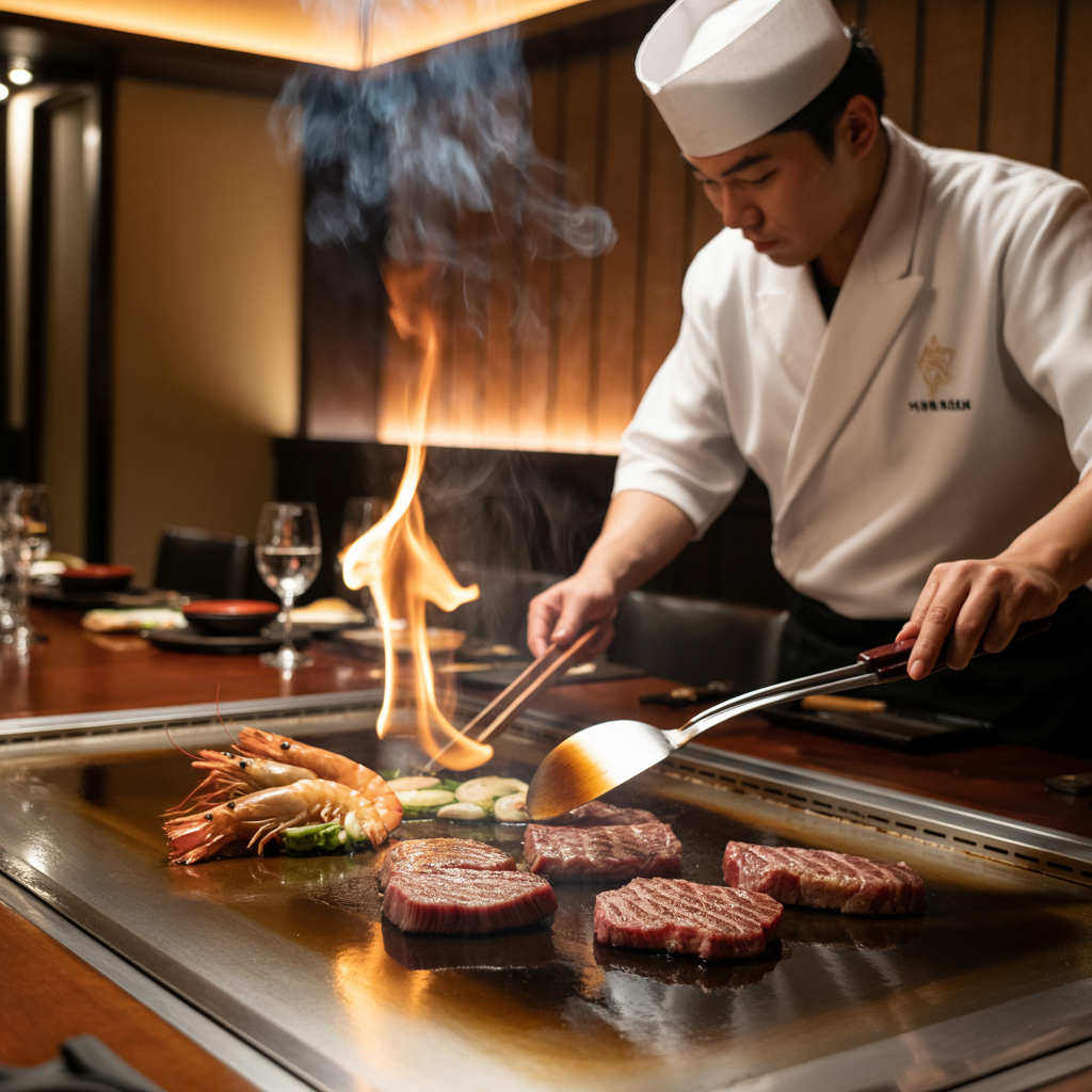 a teppanyaki chef cooking beef and prawns on a teppanyaki grill in Japan