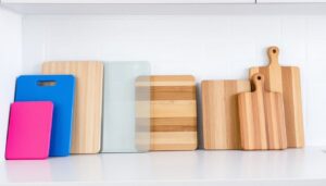a collection of cutting boards made of various materials including wood, plastic, and glass