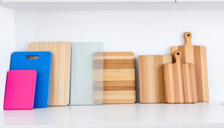 a collection of cutting boards made of various materials including wood, plastic, and glass