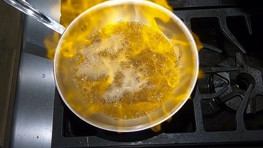 cognac flaming in a saute pan