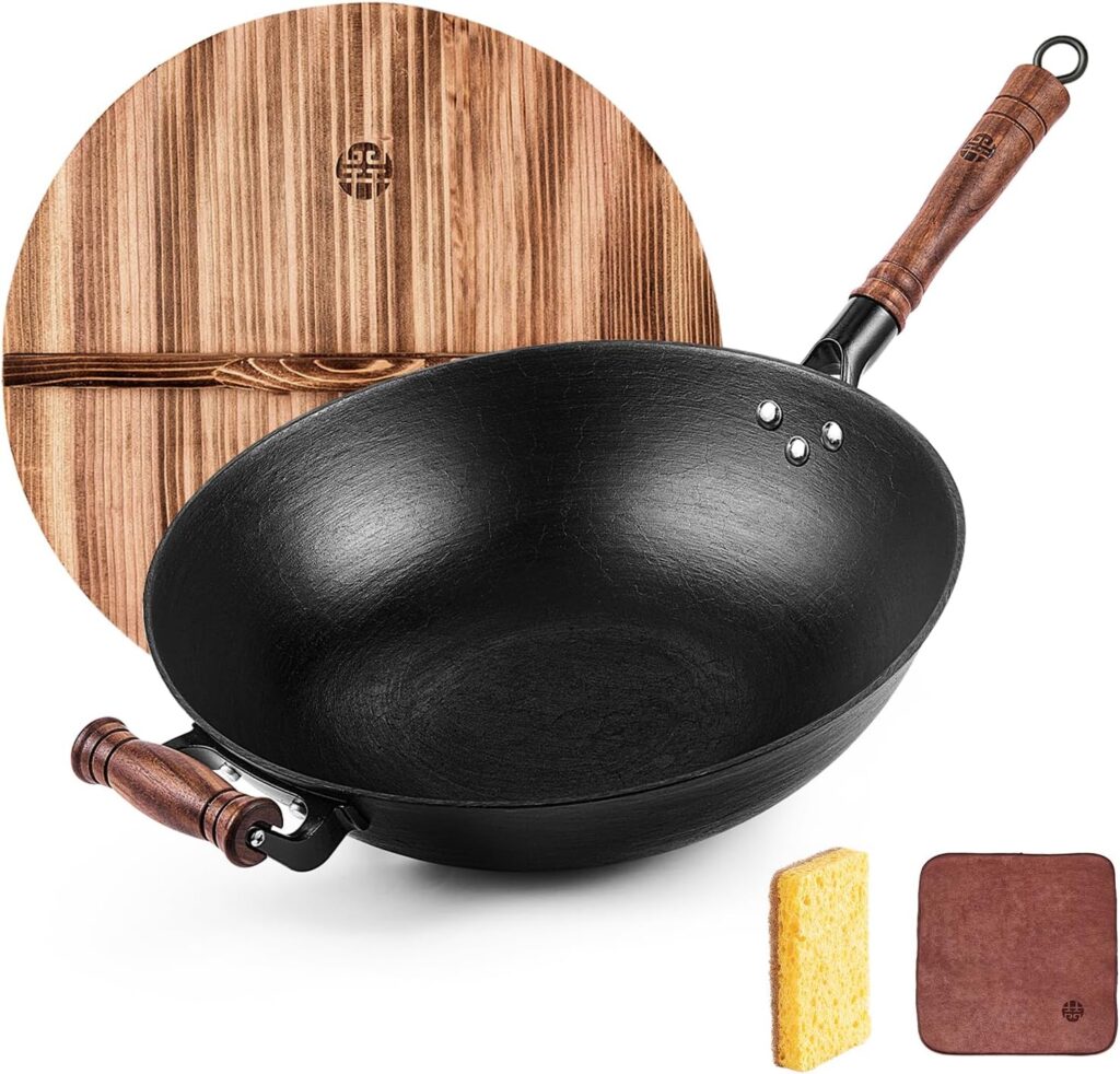 a cast iron wok with wooden handles and a wooden lid