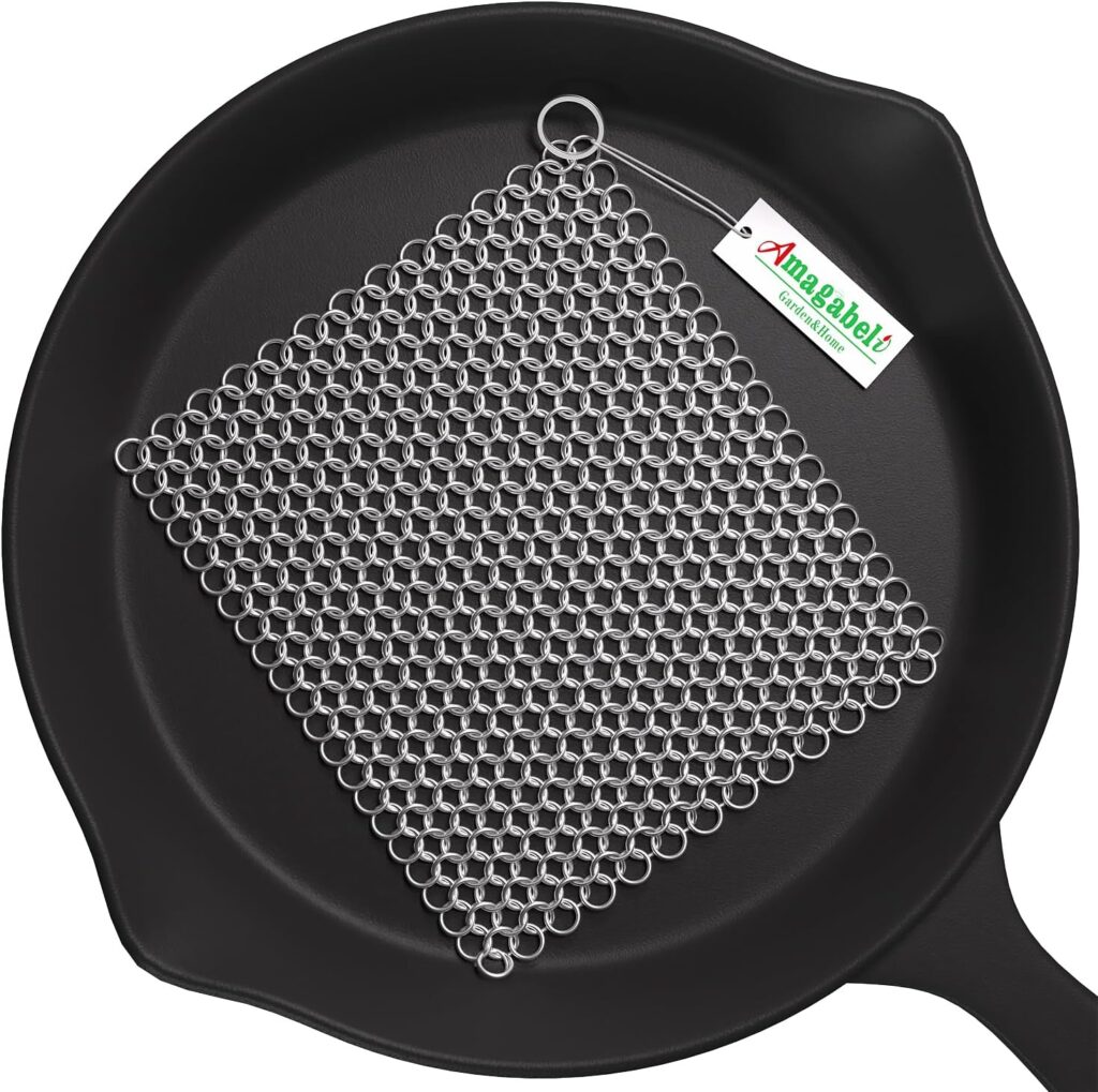 a chainmail scrubber for cleaning cast iron or carbon steel