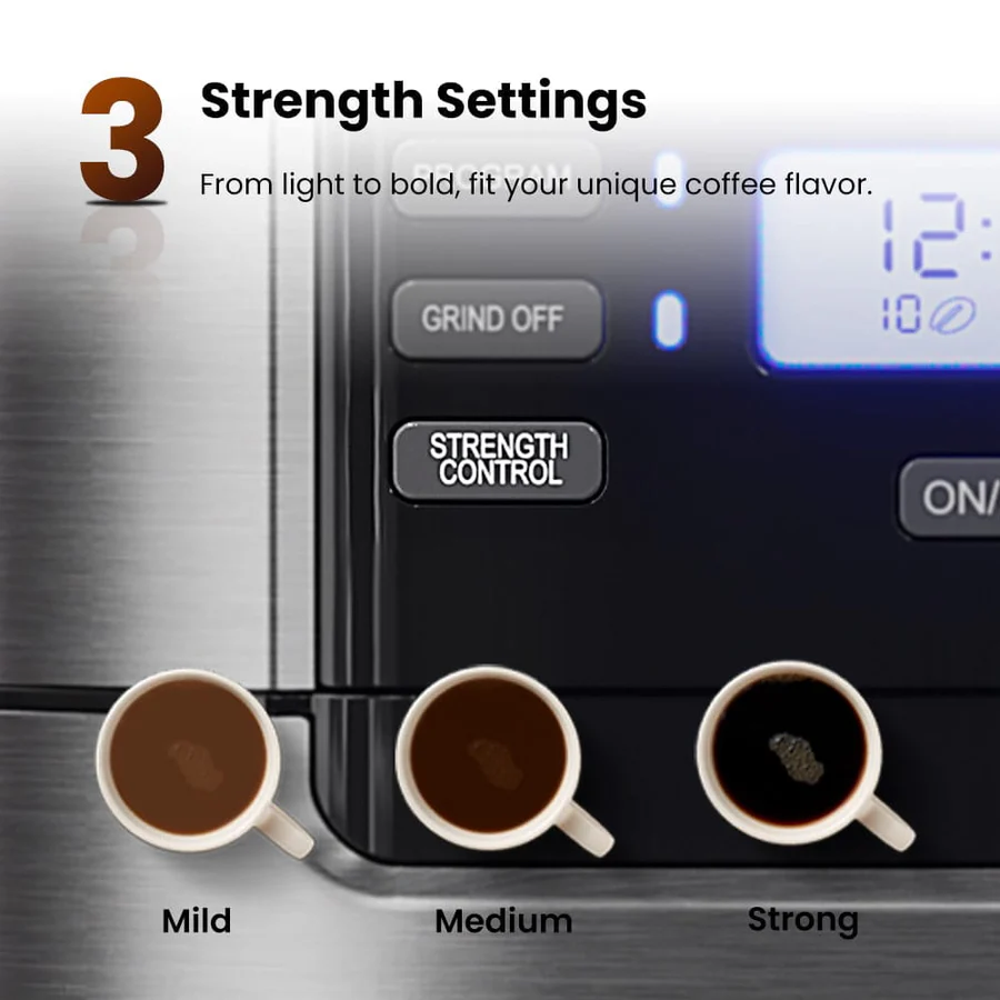 Gevi Grind and Brew Coffee Maker model DCMB0 illustration of brew strength mild medium strong