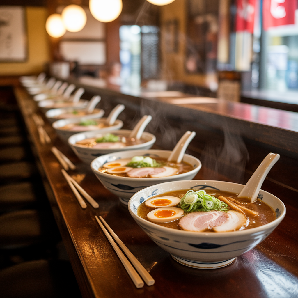 A lineup of ramen bowls in a Ramen restaurant