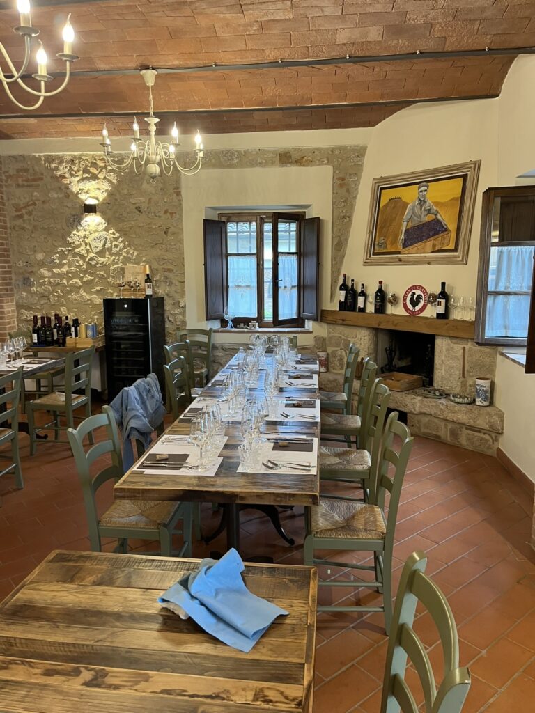 Dining room at Fattoria Il Colombaio winery in Tuscany Italy
