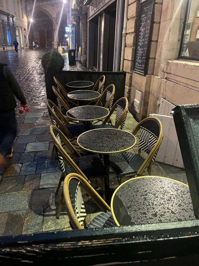 sidewalk tables in the rain at Dr. Wine restaurant in Dijon France