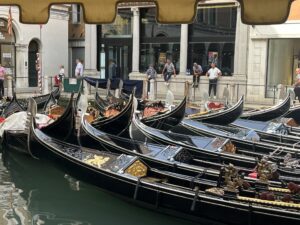 a large number of Venetian gondolas gathered together
