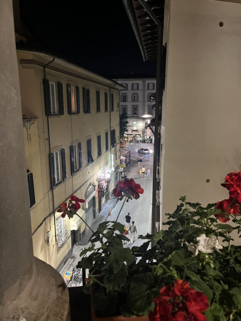 photo or street and flowers from terrace of Botticelli Hotel Florence looking toward the leather market