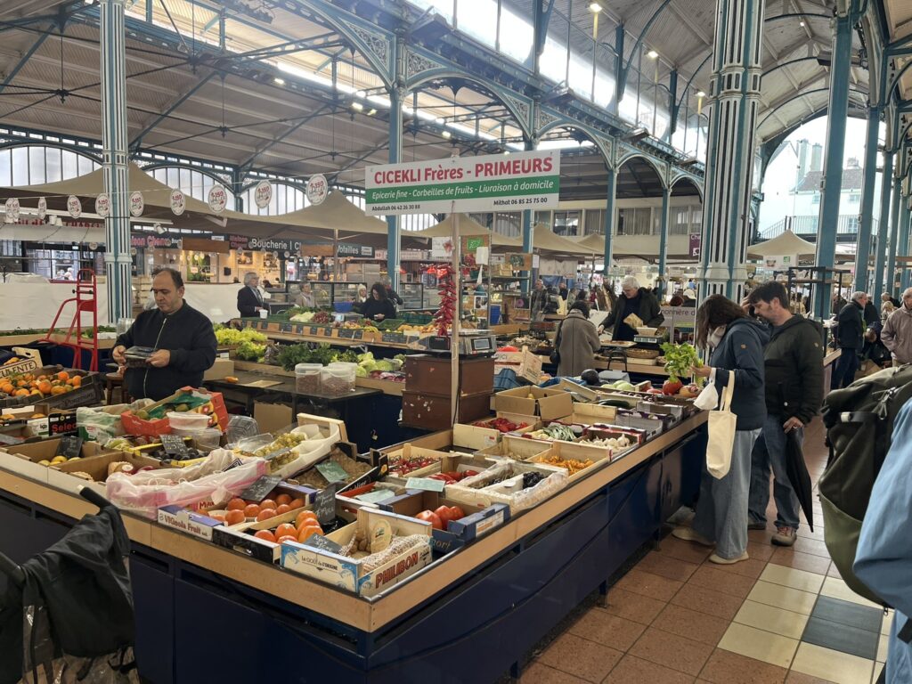 market stalls in Les Halles market in Dijon France