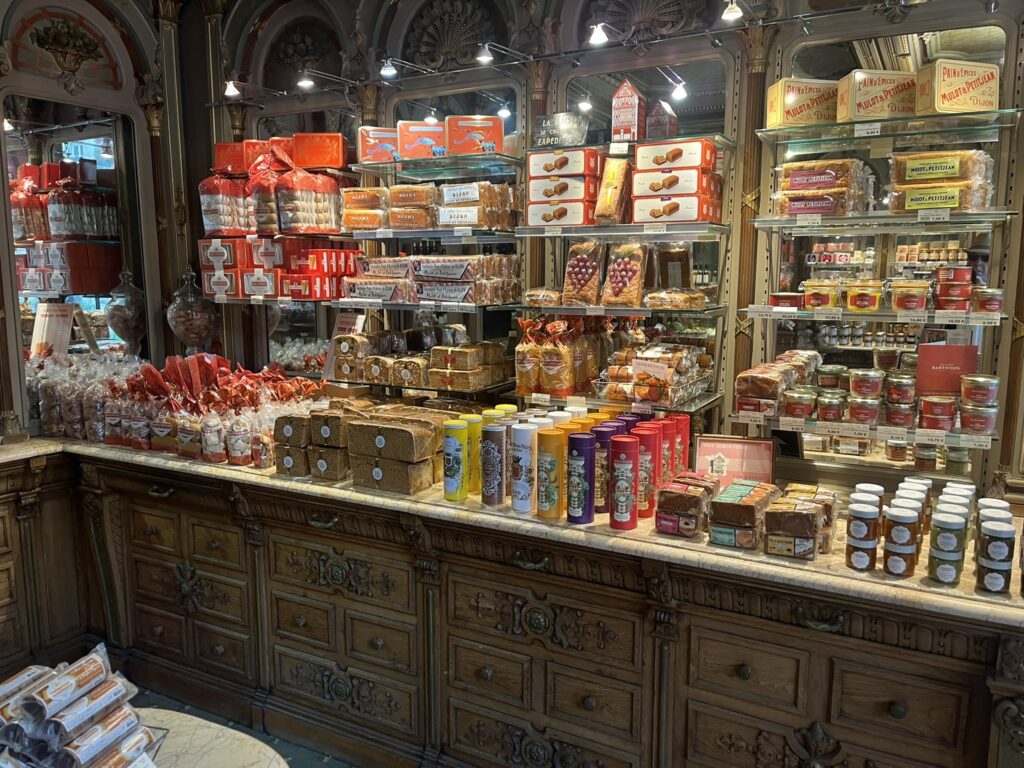 shelves of gingerbread products at Pain D'Epices Mulot Et Petitjean in Dijon France