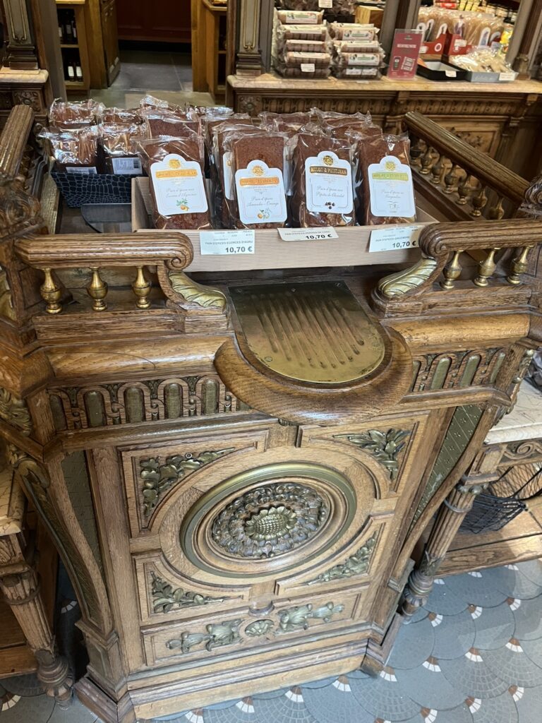 antique furniture and gingerbread products at Pain D'Epices Mulot Et Petitjean in Dijon France