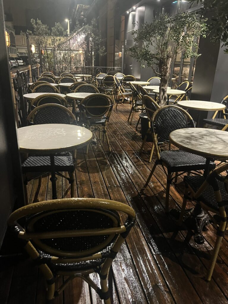 outdoor tables in the rain at Speakeasy restaurant in Dijon France