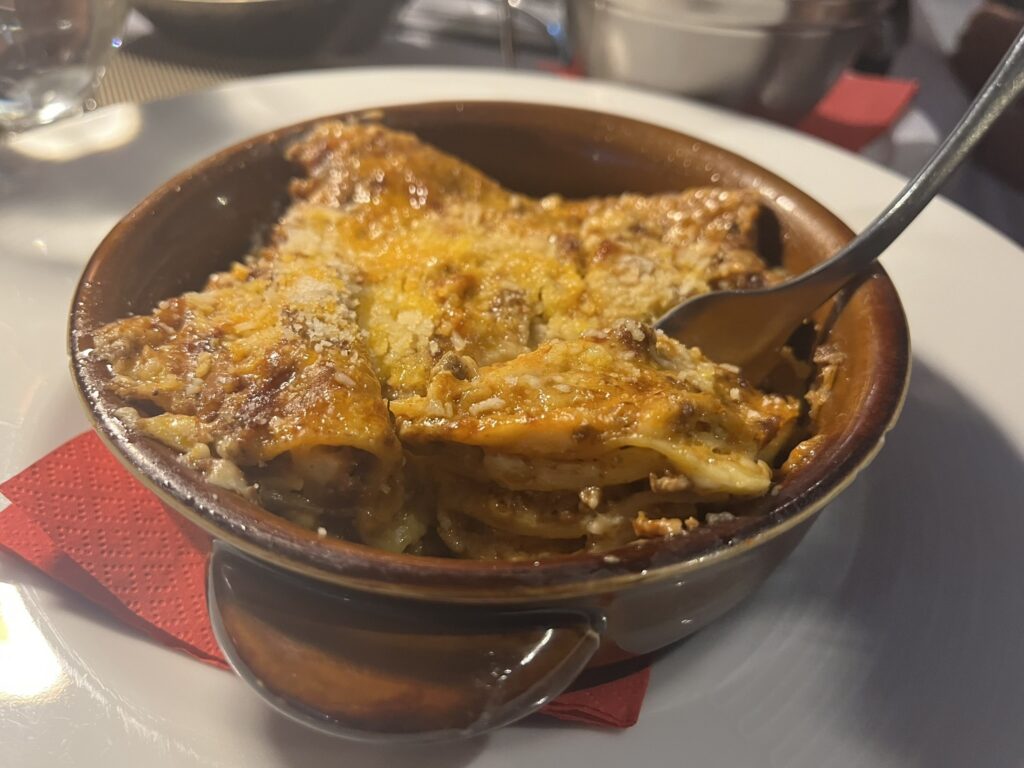 lasagna in a small cast iron pan
