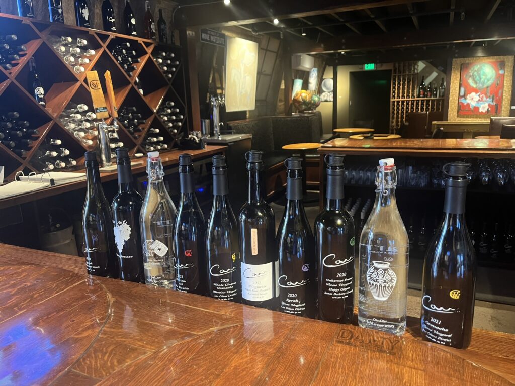 wine lineup of Carr Winery Santa Barbara California