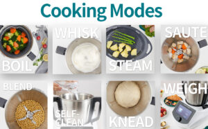 8-panel ChefRobot infographic image of examples of cooking techniques boiling whisking steaming sauteing blending self- cleaning kneading and weighing
