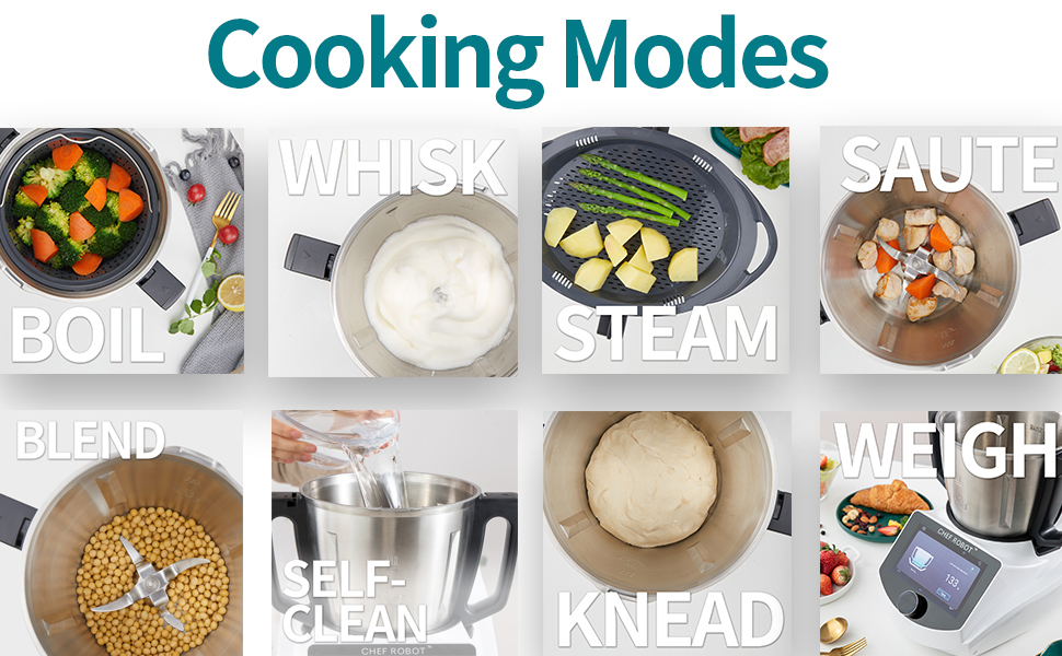 8-panel ChefRobot infographic image of examples of cooking techniques boiling whisking steaming sauteing blending self- cleaning kneading and weighing