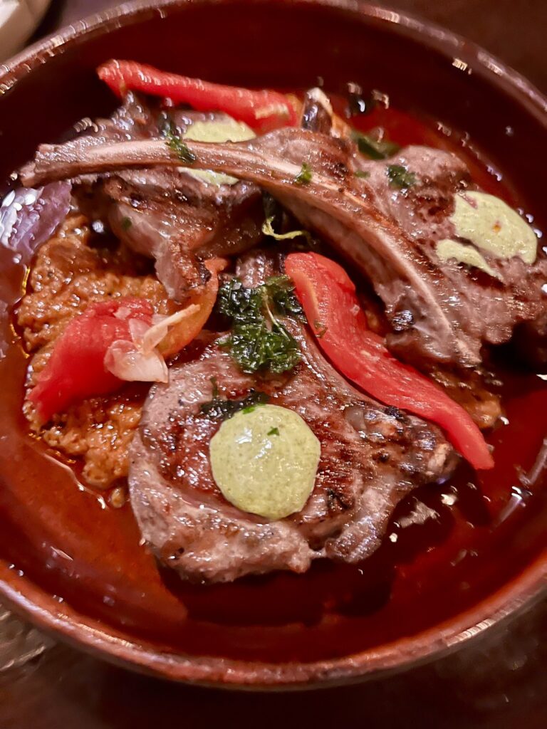 lamb chops with romesco sauce at  Loquita Santa Barbara California