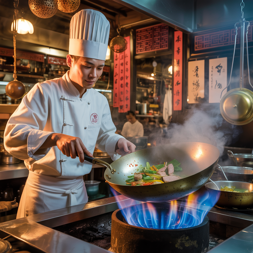 Chinese chef cooking with a wok