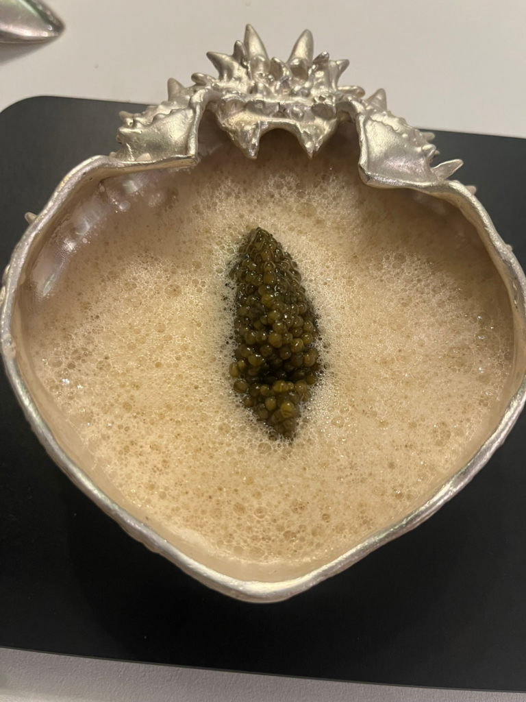 spider crab and sea crab emulsion with Ossetra caviarat at La Mère Brazier Lyon France