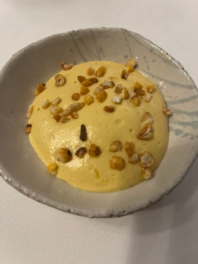 creamed corn, haddock, and crunchy corn bits at La Mère Brazier Lyon France