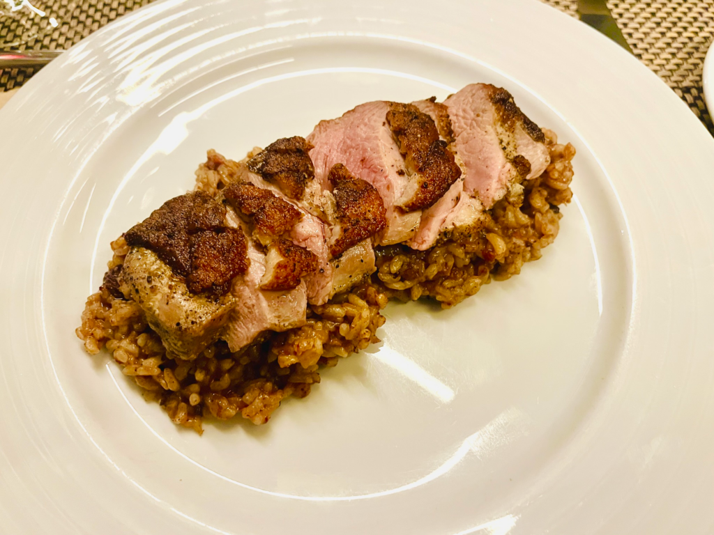 duck breast with chorizo risotto  at Olivia restaurant, Funchal, Madeira
